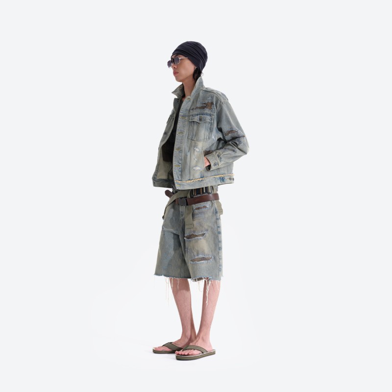Destroyed Patch‑work Denim Capris